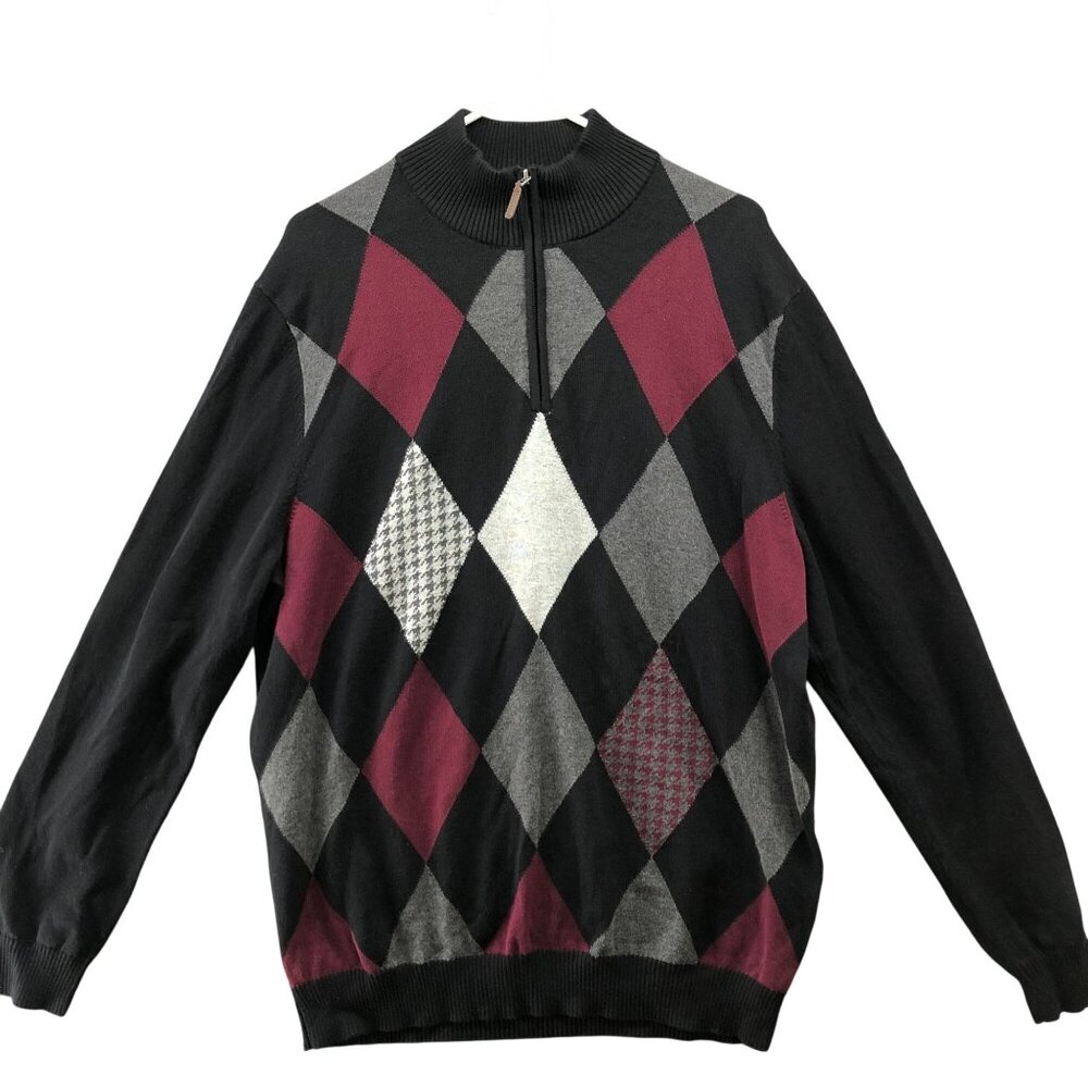 Club Room Pima Cotton 1/4 Zip Sweater Mens L Black Burgundy Argyle Print